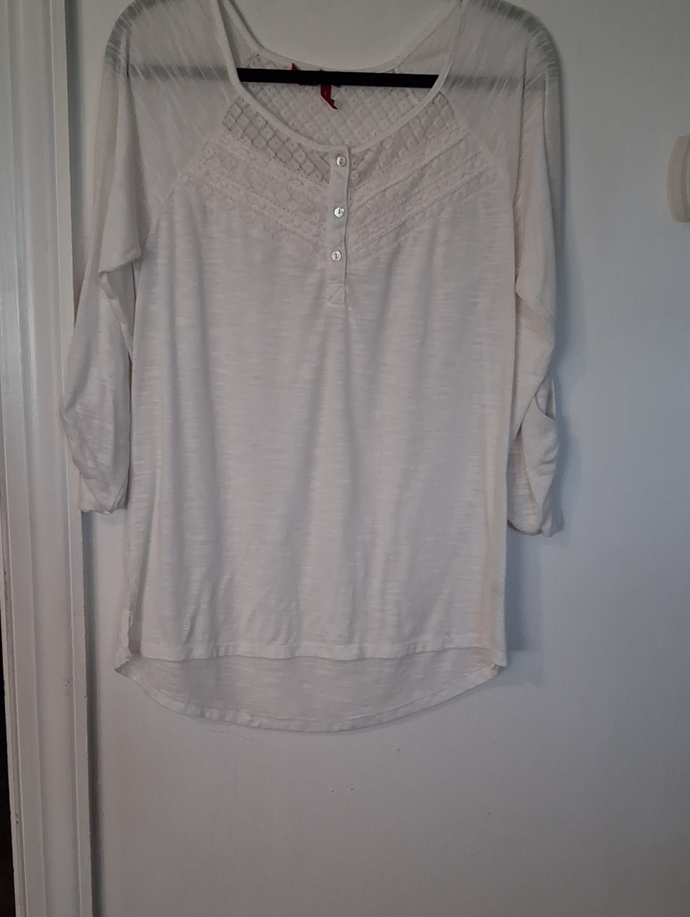 Red Camel Cream Lace Yoke Henley Long Sleeve Top